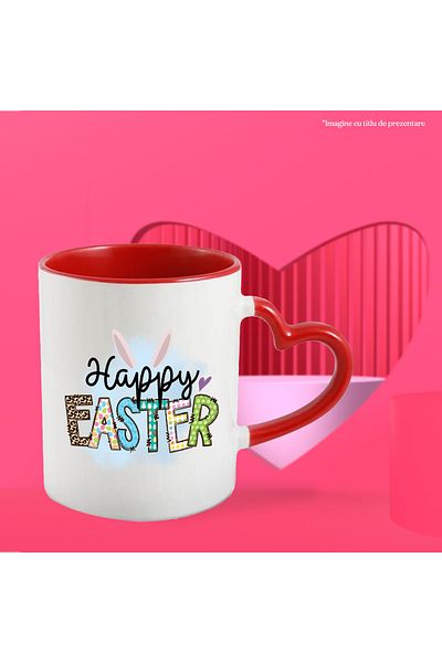 StoryGift Romania Cana cu mesajul "Happy Easter", Paste fericit, ilustratie, sarbatori pascale, ur, Cu Maner Inim STG