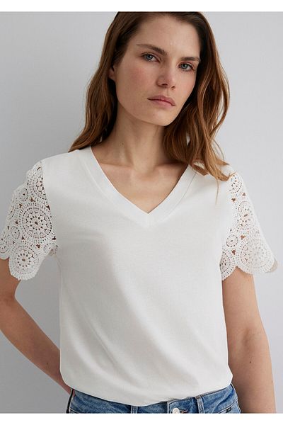 Mavi Embroidery Sleeve Detailed Ecru T-Shirt Standard 1613318-70057