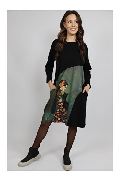 FASHIONLAND ROCHIE MIDI CU BUZUNARE SI MANACA LUNGA INSERTIE PRINT CAT MELEK ...