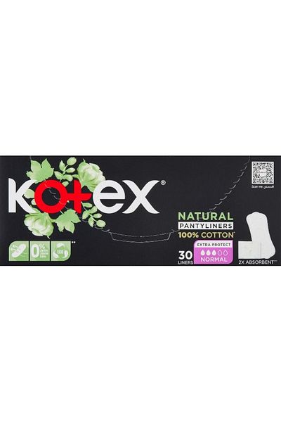 Kotex Natural Panty Liners, 100% Cotton, Normal Size, 30 Daily Panty Liners