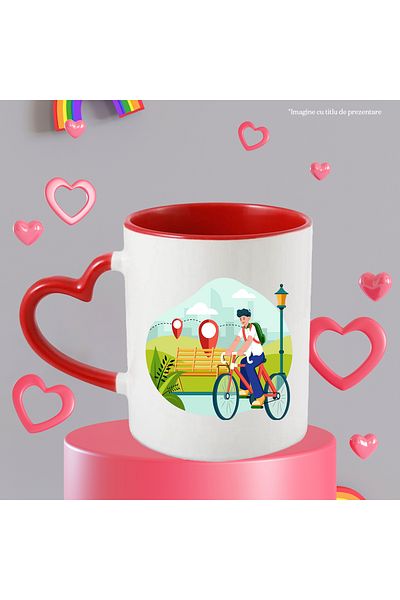 StoryGift Romania Cana Cu Bicicleta, Parc, Traseu, Mapa, Ciclism, Multicolor 330 ml, Ceramica cu M, Cu Maner Inim