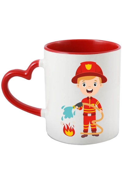 StoryGift Romania Cana Cu Pompier, Foc, Flacara, Apa, Furtun, Casca, Multicolor 330 ml, Ceramica c, Cu Maner Inim
