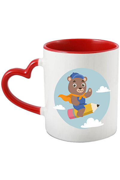 StoryGift Romania Cana Cu Urs, Creion, Sapca, Nori, Multicolor 330 ml, Ceramica cu Maner Inima Ros, Cu Maner Inim