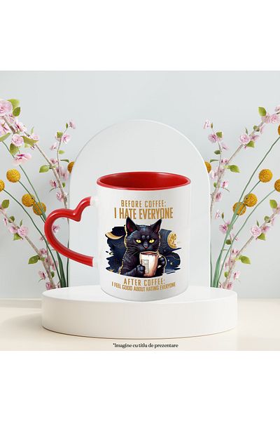 StoryGift Romania Mug with a black cat holding a cup of coffee with the message "Before coffee: I, Cu,STG"