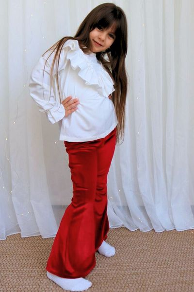 Parla Kids Girl's Spanish Velvet Tights and Trousers Set - Velvet Long Sleeve, Ruffle Body Blouse, Red