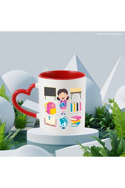 StoryGift Romania Cana Cu Copil, Tabla, Ghiozdan, Rechizite, Glob Pamantesc, Carti, Banca, Multic, Cu Maner Inim