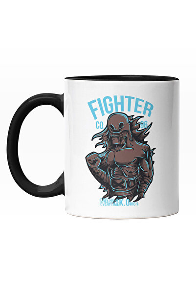 StoryGift Romania Cana Cu Silueta barbat Dezbrcata Ninja Razboinic Luptator, Text In Engleza Fight, Cu Maner Negru