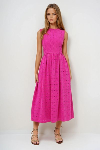 VAGGON Rochie de damă fucsia cu fermoar ascuns fără mâneci din guipură premium Prmx14143