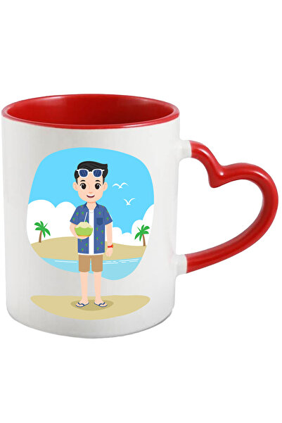 StoryGift Romania Cana Cu Cocos, Plaja, Apa, Palmieri, Multicolor 330 ml, Ceramica cu Maner Inima , Cu Maner Inim