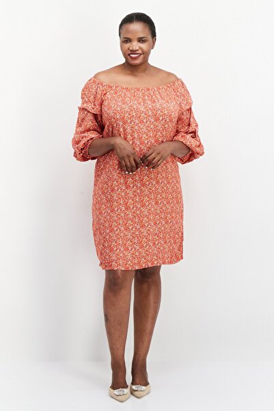 Vince Camuto Women Plus Size Boat Neck Long Sleeve Midi Dress, Orange