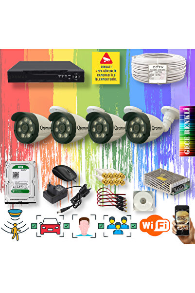 qromax 4 Kameralı Yapay Zeka Özellikli Gece Renkli 8 Warm Ledli TurboHD Güvenlik Kamerası Seti 3908W-104