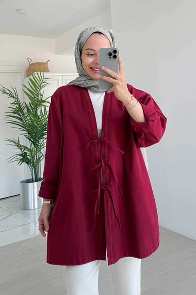 Ka Hijab Front Tie Gabardine Jacket - Claret Red