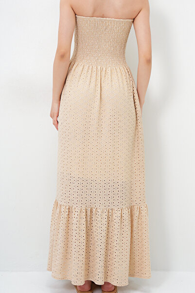 VAGGON Women's Beige Guipure Lined Guipure Strapless Dress Prmx14137