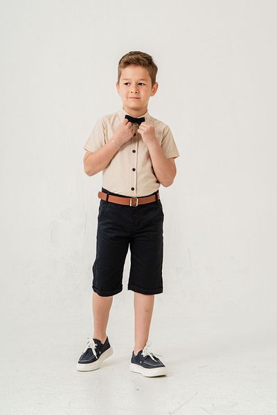 Esterella Boy / Short Sleeve Shirt Lapel Bow Tie Suit/Oxford Shirt - Shorts / Belted Shorts Suit