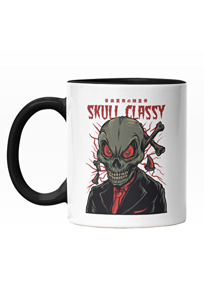 StoryGift Romania Cana Cu Portret Schelete Craniu Om Cu Costum Negru Camasa Rosie, Oase Rupte, Tex, Cu Maner Negru