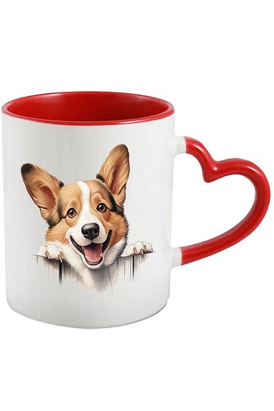StoryGift Romania Cana cu un caine din rasa Corgi care sta atarnat pe gard | ilustratie | vrea sa , Cu Maner Inim