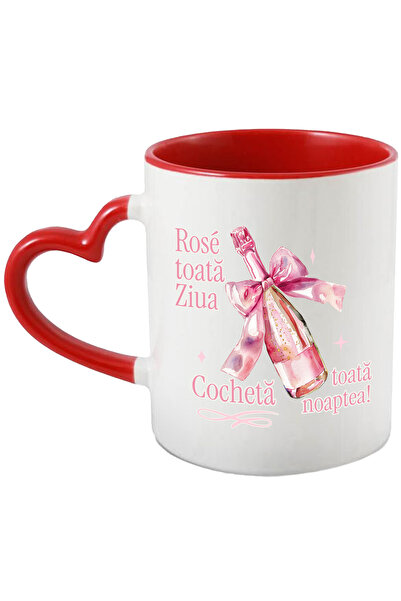 StoryGift Romania Cana Rose toată ziua, cocheta toata noaptea sampanie cu funda roz, 330ml, Cerami, Cu Maner Inim