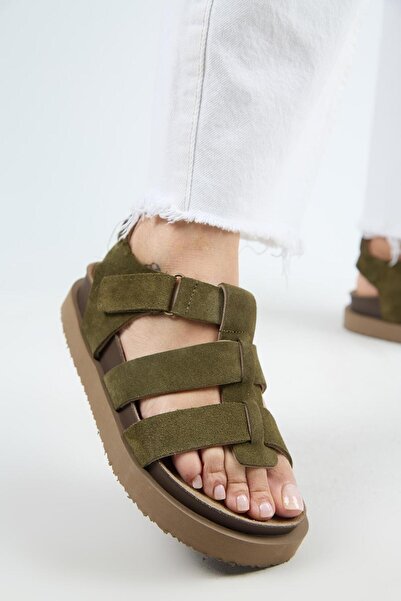 Manijero Γυναικείες παντόφλες Cesped από γνήσιο δέρμα Velcro Khaki