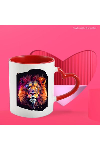 StoryGift Romania Cana Cu Leu, Abstract, Geometric, Spatiu, Multicolor 330 ml, Ceramica cu Maner I, Cu Maner Inim STG