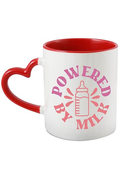 StoryGift Romania Cana cu textul in engleza "Powered by milk" - alimentat cu lapte biberon bebelus, Cu Maner Inim
