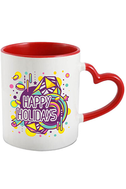 StoryGift Romania Cana Cu Mesaj In Engleza Happy Holidays, Vacanta, Abstract, geometric, Multicolo, Cu Maner Inim