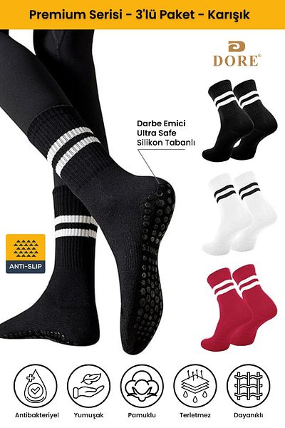 Dore Original Unisex 3 Pairs Non-Slip Pilates and Yoga Plates Non-Slip Sole Socks Black White Pomegranate Flower