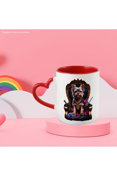 StoryGift Romania Cana Cu Caine, Yorkshire Terrier, Tron, Flori, Lant, Multicolor 330 Ml, Ceramica, Cu Maner Inim Stg