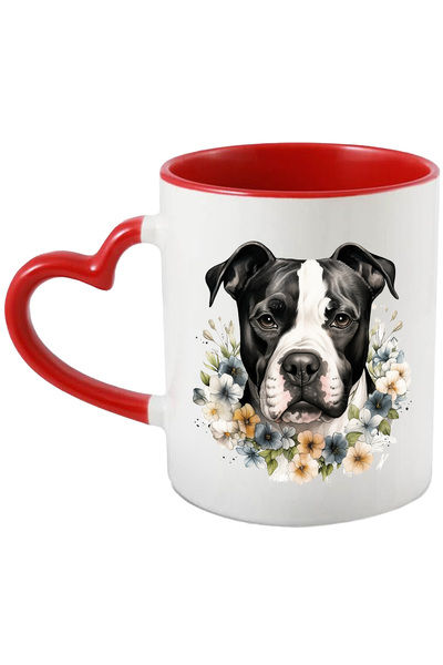 StoryGift Romania Cana cu un caine Boxer, serios, putin trist, ilustratie, floricele de diverse cu, Cu Maner Inim