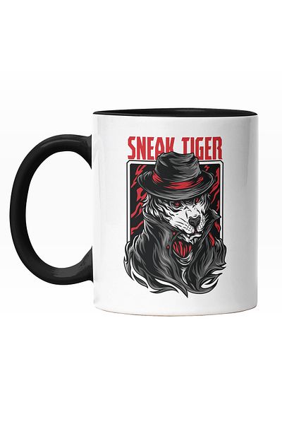 StoryGift Romania Mug with Tiger with Tall Hat WITH Red Ribbon, Outfit with High Collar, Children's Style, With Black Handle