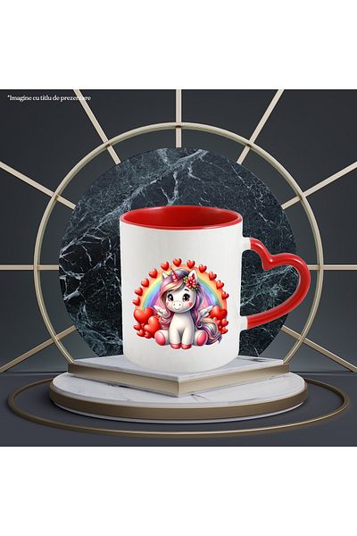 StoryGift Romania Mug with a cheerful unicorn, hearts, flowers, blushing, joy, illustration, , With ,STG