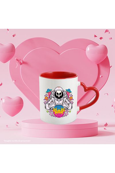 StoryGift Romania Cana Cu Astronaut, Spatiu, Craniu, Nava, Multicolor 330 ml, Ceramica cu Maner In, Cu Maner Inim