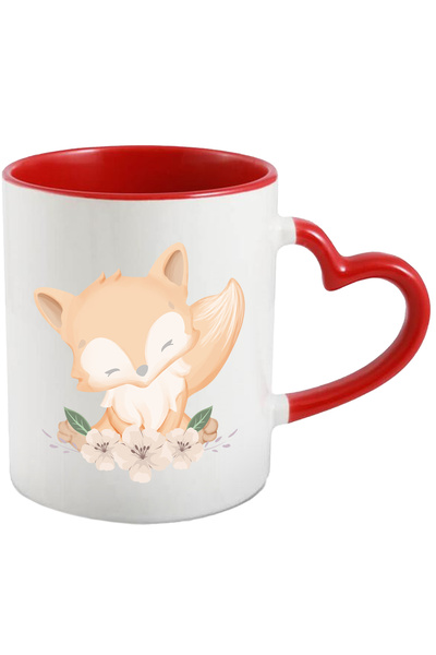 StoryGift Romania Cana Cu Vulpe, Flori, Frunze, Ramura, Multicolor 330 ml, Ceramica cu Maner Inima, Cu Maner Inim