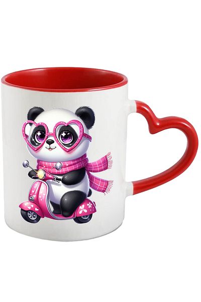 StoryGift Romania Cana cu o ursoaica Panda care conduce un scuter | plimbare | viteza | fular | oc, Cu Maner Inim
