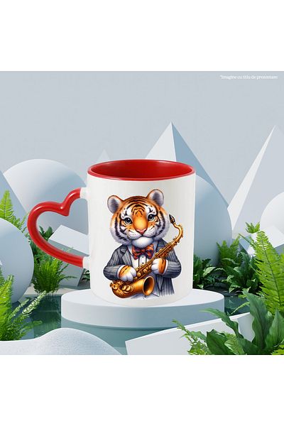 StoryGift Romania Mug with a tiger holding a saxophone | illustration | melody | musical instrument, With ,STG