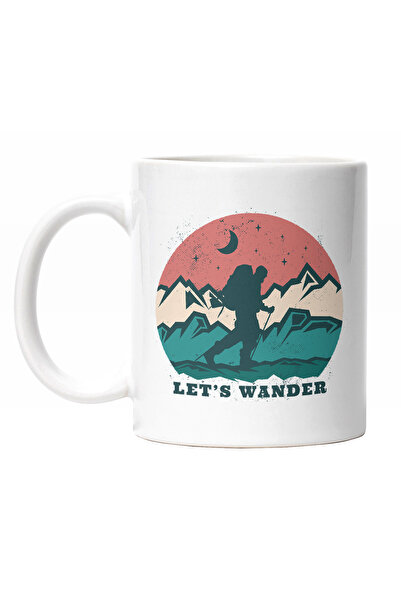 StoryGift Romania Cana Cu Mesaj In Engleza Let's Wander, Om Calator CU Rucsac In spate Pe Drum No, Cu Maner Alb