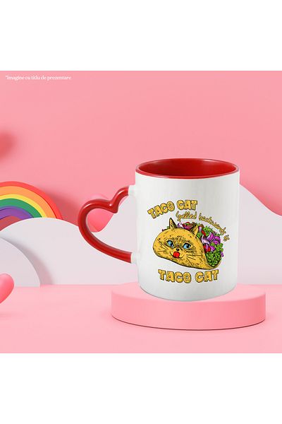 StoryGift Romania Mug with a cat in the shape of a taco with the message "Taco Cat spelled backwards is Tac, Cu,STG"