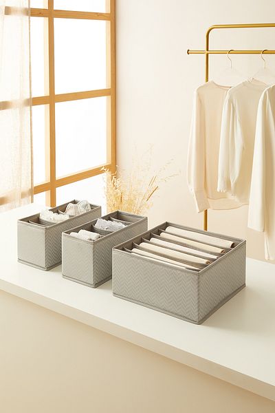 Ocean Home Textile 3-Piece 6-Compartment Gray Drawer Inside Cabinet Laundry Organizer Folding Storage Box Organizer Set