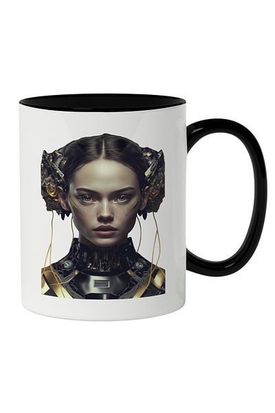 StoryGift Romania Mug with Portrait of Robot Girl, Brunette Hair, High Collar Armor, Superhero Armor, Black Handle