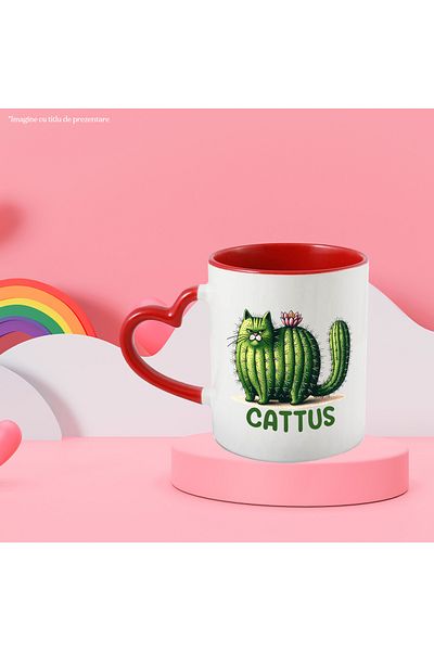StoryGift Romania Mug with cat in the shape of a cactus with the message "Cattus", flower, illustration, thorns, With,STG.