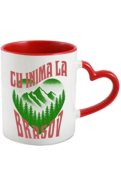 StoryGift Romania Cana cu Inima Verde Cu Priveliste Montana Padure, Text Cu Inima La Brasov, Ceram, Cu Maner Inim