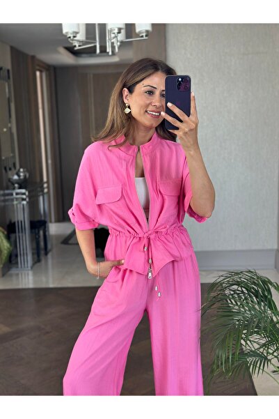 BELLA FASHION Lace-Up Short Sleeve Pink Jacket Pants Set