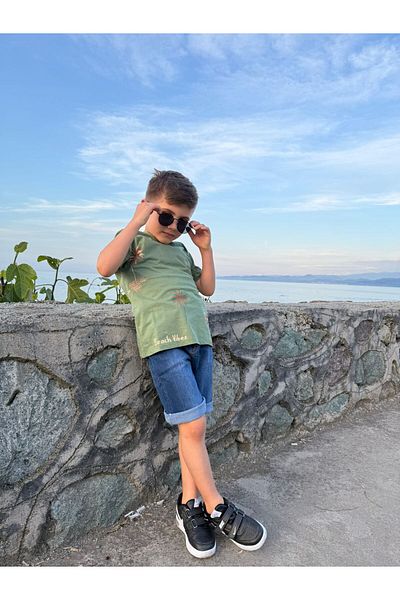 Pollito Boy's Khaki T-Shirt and Denim Shorts - Palm Print, 2-Piece Set