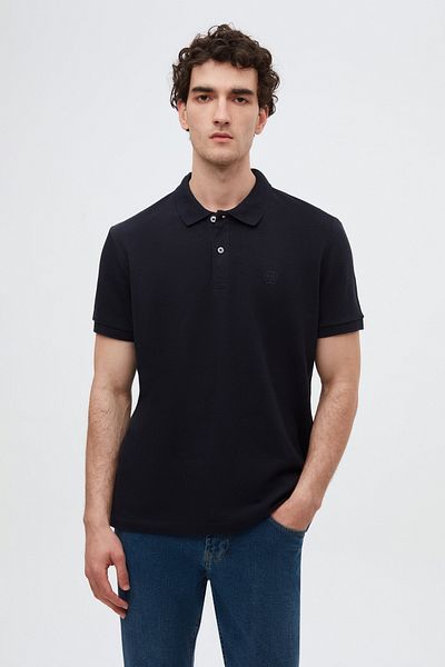 D'S Damat Ds Damat Regular Fit Navy Blue 100% Cotton Long Lasting Non-Curling Polo Neck Embroidered T-Shirt
