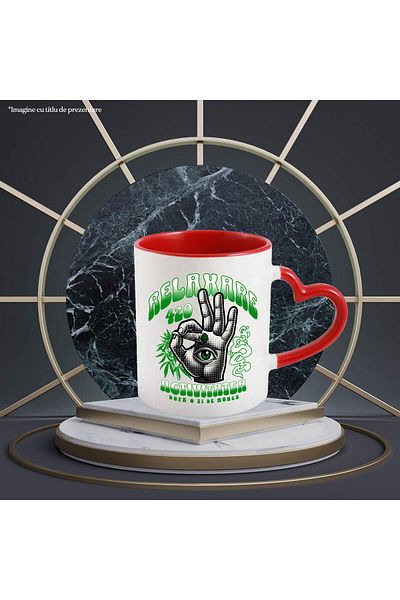 StoryGift Romania Mug with Human Hand Green Eyes Hobby Relaxation Vacation Text in Romanian Relax, With Heart Handle