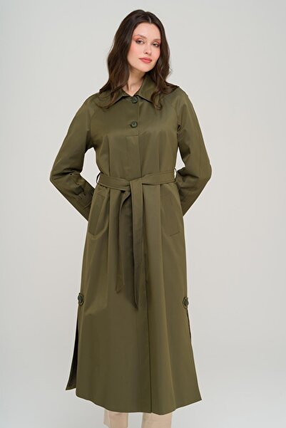 Olcay Shirt Collar Side Slit Lined Water Repellent Long Trench Coat A.Khaki 6700