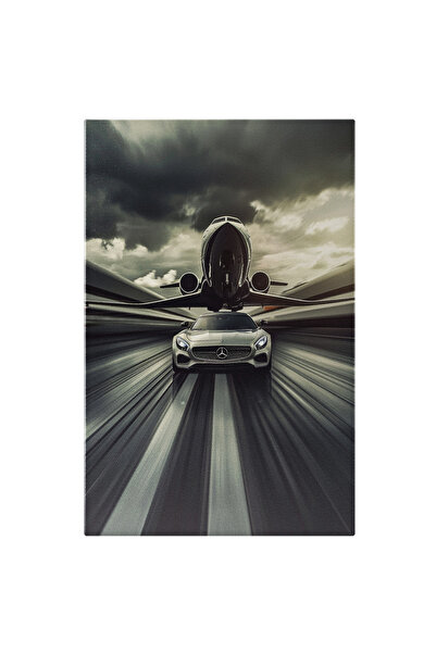 StoryGift Romania Tablou Canvas Un Avion Care Decoleaza Deasupra Unui Mecredes Alb, Viata De Lux Avion Privat Si