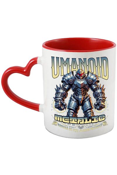 StoryGift Romania Cana Umanoid metalic. Armura de otel. inima mecanica , 330ml, Ceramica cu Maner , Cu Maner Inim