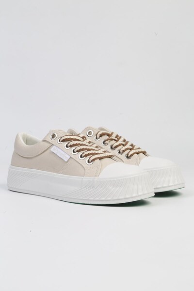 Benetton Kanvas Bağcıklı Kadın Günlük Spor Ayakkabı Bej Sneaker