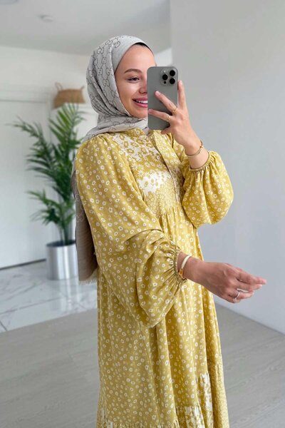 Ka Hijab Çiçek Desenli Kuşaklı Elbise - Sarı