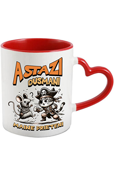 StoryGift Romania Cana Pisica si Soricel Text Astazi Dusmani Maine Prieteni, 330ml, Ceramica cu Ma, Cu Maner Inim